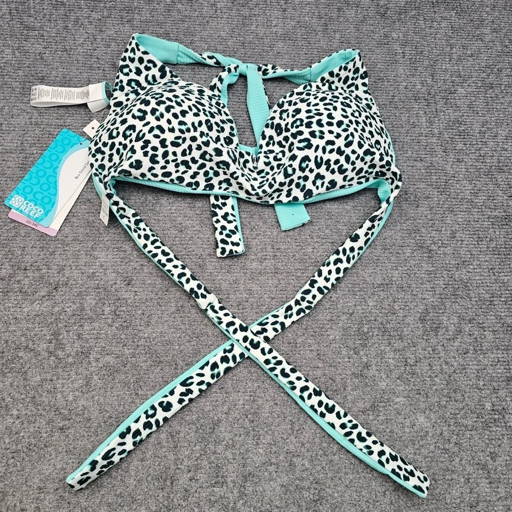 Coco Reef Underwire Bikini Women 36/38C‎ Teal Leopard Reversible Ribbed Swim Top